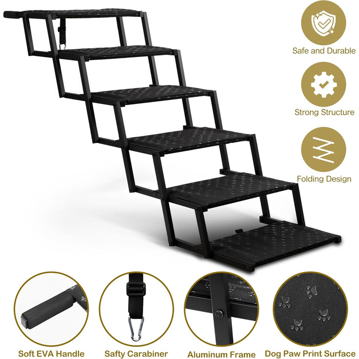 Сходинка для собак у машину – складана пандус для великих собак з неслизькою поверхнею, портативна сходинка для авто, SUV, вантажівок, підтримує до 70 кг, (ширина 6 сходинок)