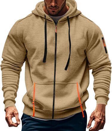 Світшот з капюшоном Aulemen для чоловіків з блискавкою, з довгим рукавом, Slim Fit, з кількома кишенями (Хакі, M)