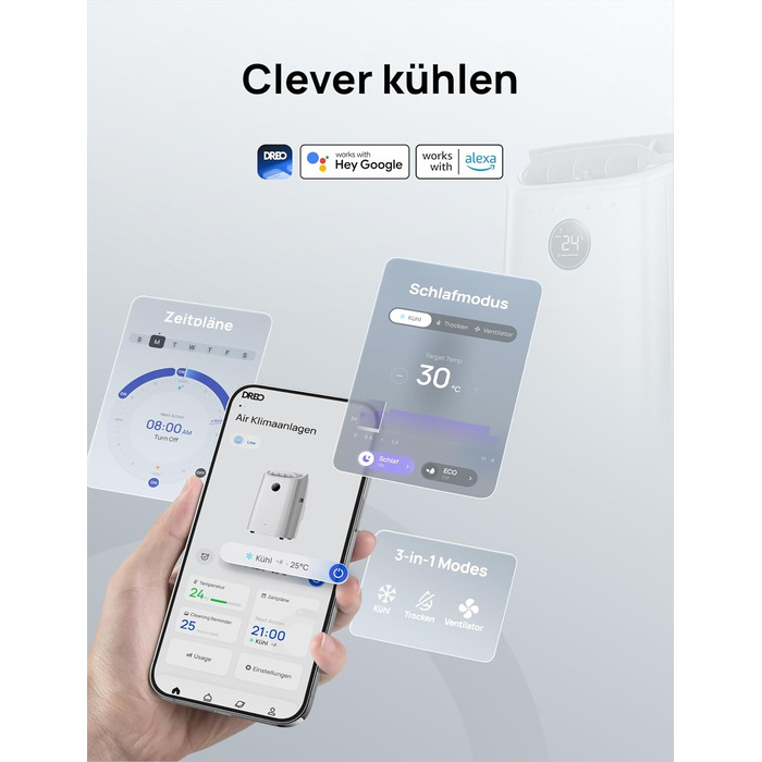 Мобільний кондиціонер Dreo 10000 BTU з охолодженням без дренажу, керуванням через додаток/голос/пульт, таймером 24 год та функцією вентилятора/зневожувача, AC515S