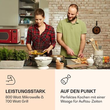 Мікрохвильова піч Klarstein з грилем, 800 Вт, 20 літрів, з функцією розморожування та піци, поворотний стіл, компактна, проста у використанні (червона)