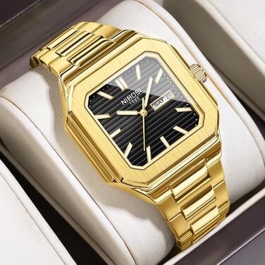 Годинник чоловічий NIBOSI: кварцовий годинник з нержавіючої сталі, мілітарі, квадратний, водонепроникний, бізнес-стиль, класичний, для чоловіків (золотий/чорний)