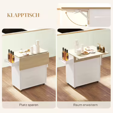 HOMCOM Kitchen Island Rolling Cart with Folding Worktop, Drawer, Kitchen Cabinet on Wheels with Shelf, Towel Rail, Spice Rack, Serving Cart White | Aosom