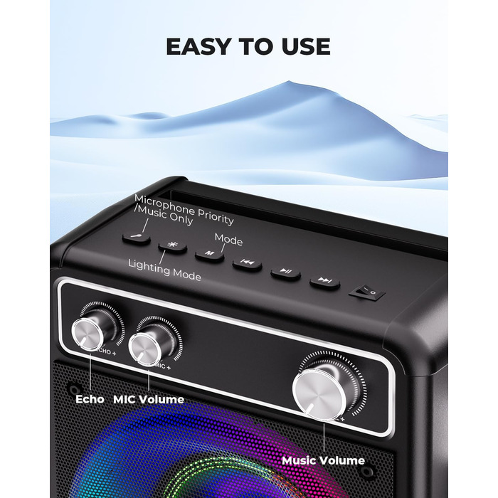 BONAOK Караоке Мікрофон для Дорослих, Портативна Караоке Машина з Bluetooth, 2 Мікрофони, 15 Вт, Підсвітка, Чорний T03