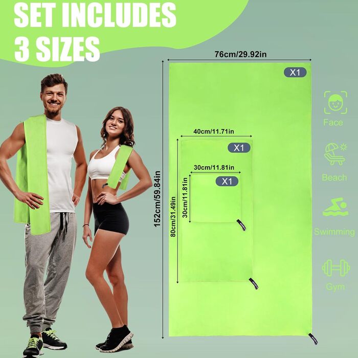 Набір рушників Neerow з мікрофібри (3 шт.): великий (152x76 см), середній (80x40 см), маленький (30x30 см), світло-зелений