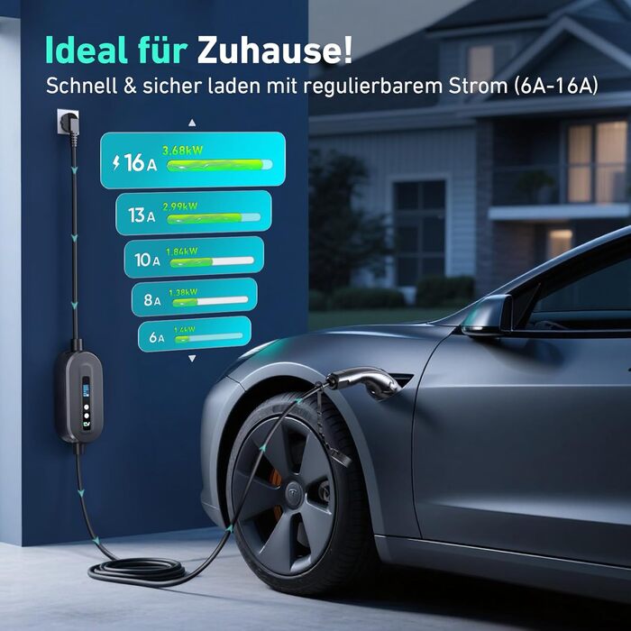 Кабель для зарядки електромобіля EVJUICION Typ 2 Schuko, 3.68kW, 6м, 6-16A, IP67. Підходить для ID.3, ID.4, X1, Model Y/3 та інших PHEV/EV