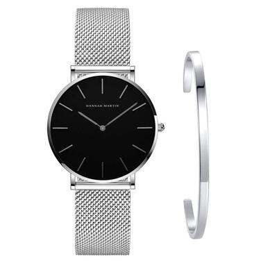 Жіночий годинник: аналоговий кварц, нержавіюча сталь, водонепроникний, сітка, ультратонкий комплект з браслетом (чорний корпус, срібний ремінець, срібний браслет)
