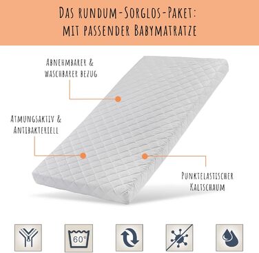 Convertible Baby Bed with Mattress, Toddler Bed, Crib, Bedside Sleeper, 60x120, Fall Protection, Baby, Toddler, Children's Bed, Complete Set, Height Adjustable & Removable Slats, Wood in White, 60 x 120 cm + Mattress White