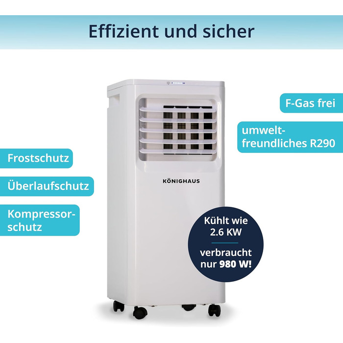 Мобільний кондиціонер Könighaus Smart: охолодження, осушення, вентиляція, очищення повітря | 2.1 кВт (9000 BTU) | з пульт керування, таймер, Sleep-Mode