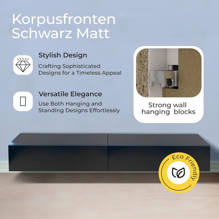 4housedesign® TV Board Lowboard Hanging | TV Cabinet Sideboard Living Room | Lowboard Living Room TV Shelf TV Board Hanging TV Cabinet TV 55 Inch - TV Lowboard Black Matt 100cm