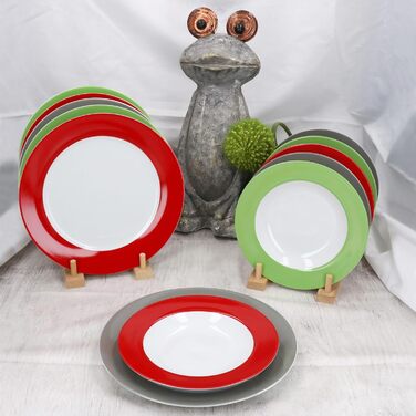 MamboCat Tafelservice Trio 12tlg. - Посуд для 6 осіб (12 предметів) з порцеляни, зелений, червоний, сірий | Тарілки супові та обідні