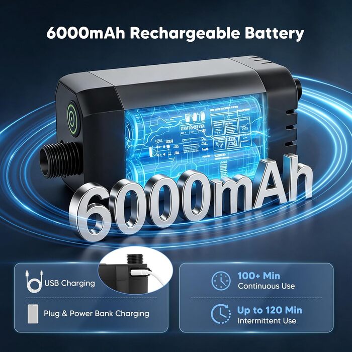Портативний душ Campingdusche з акумулятором 6000 mAh, насосом та шлангом 200 см для кемпінгу, саду, авто, тварин, пляжу та подорожей