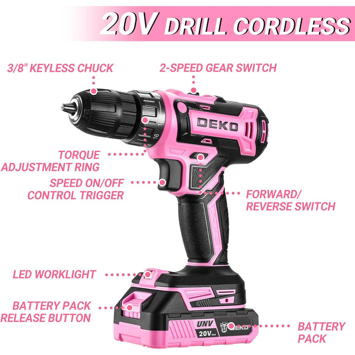 Акумуляторний шурупокрут DEKOPRO 20V 40 Nm: комплект з 2 акумуляторами, LED, 18+1 момент, для дому та DIY, рожевий