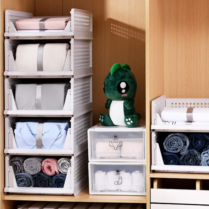 5 Foldable Plastic Storage Boxes, Drawer Box, Stackable Closet Organizer, Shelf Storage Box, Shelf Baskets Closet, Stackable Drawer Storage Boxes, for Kitchen Bedroom, White