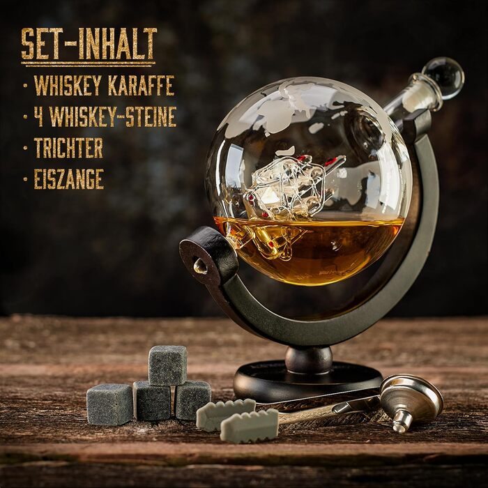 Whisky Carafe Set - Whiskey Gift Set - Gifts for Men - Men's Gifts Gift - Birthday Gift for Men - Globe Decanter 900ML, Gift Box, 4 Whiskey Stones