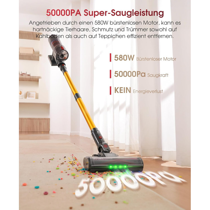 Бездротовий акумуляторний пилосос UNINELL HOME 50000Pa/580W, 70 хвилин роботи, LED-дисплей, антизаплутувана щітка, для твердих поверхонь, килимів, шерсті тварин