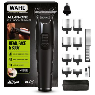 Триммер WAHL All in One для волосся, бороди, вух, носа та тіла. Акумуляторний, мийні насадки, 0.5-25 мм, 210 хв роботи
