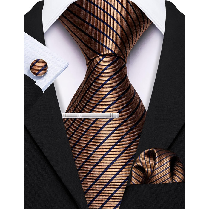 Комплект краваток Barry.Wang: Шовкові краватки, нагрудна хустинка, запонки, смугасті та клітинчасті моделі для святкової події або весілля. Колір: кавовий.