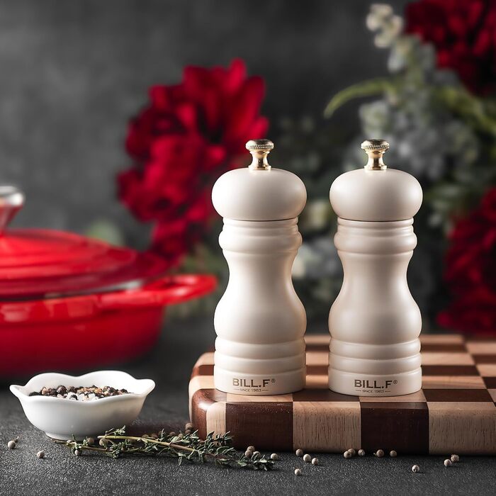 Набір для солі та перцю Bill.F, 2 шт., дерев'яні, ручні, з регульованим керамічним жорном, 13,5 см (чорний та кремовий)