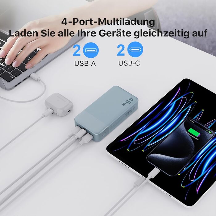 Power Bank NOBIS 20000mAh 45W Blau – портативний акумулятор з USB-C та USB-A, швидка зарядка, індикатор рівня заряду