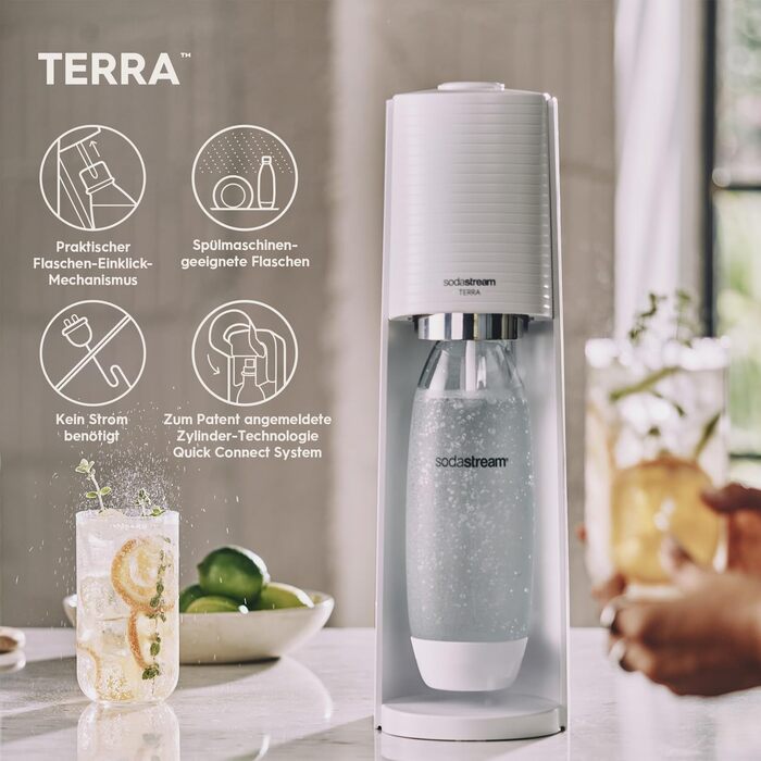 SodaStream TERRA: Газова вода вдома - комплект з CO2 балончиком, 2x 1L та 1x 0.5L пляшки, 44 см, білий