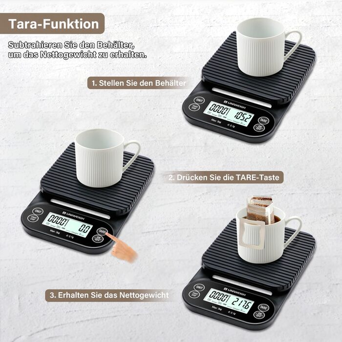 Ваги для кави UNIWEIGH з таймером 3кг/0,1г: високоточні ваги для еспресо з таймером, функцією Tara та LCD дисплеєм (батарейки в комплекті)