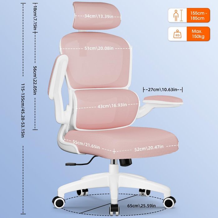 Ергономічне крісло для офісу з регульованою підголовником, підтримкою попереку та відкидними підлокітниками, крісло для начальника, 150 кг, функція гойдання до 135° (Рожевий, Модель 2)