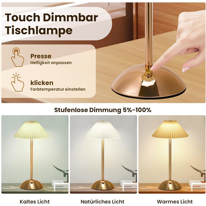 Світлодіодна настільна лампа Starnearby бездротова, з сенсорним димером, акумуляторна, 3 режими світла, вінтажний дизайн, металева, для спальні, офісу, тумбочки (Бежева + Коричнева основа)