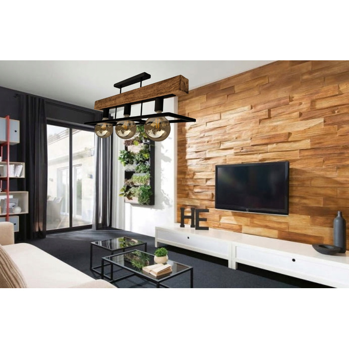 Люстра-ліхтар у стилі лофт з масивною дерев'яною балкою, дерево та метал