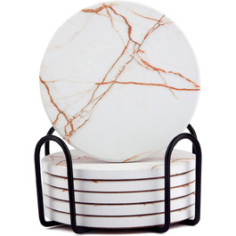 Fun coasters for drinks, marble-style, absorbent ceramic coasters with metal stand, housewarming gifts, decor set of 6, with cork base for wood table (White)