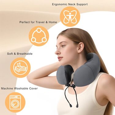 Подушка для шиї HydroAurum, подушка для подорожей, подушка для шиї з піною з пам'яті для літака, ергономічна підтримка шиї, 360° комфорт для літака, авто та поїзда, портативна U-подібна подушка з пральною наволочкою та темно-сірий колір, піна з пам'яті