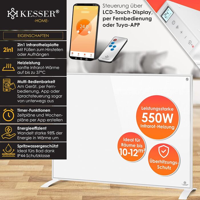 KESSER інфрачервоний електрообігрівач 550 Вт з термостатом і дистанційним керуванням, енергоощадний, настінний і підлоговий, білий, з керуванням через додаток