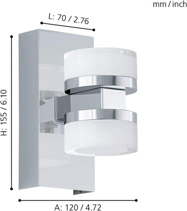 EGLO LED Wall Lamp Romendo 1, 2-Flame Wall Light Bathroom Dimmable, Bathroom Lamp Made of Metal in Chrome and Satinized Plastic, LED Damp-Proof Light Warm White, IP44