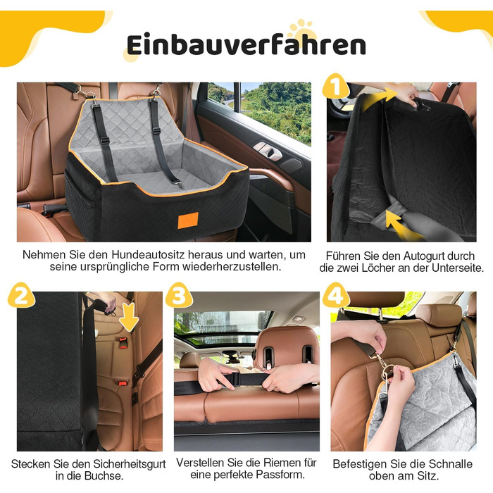 GL GLENSLAVE Dog Car Seat for Medium/Large Dogs - Elevated Pet Seat for Dogs Up to 25kg or 2 Small Dogs - Removable & Washable with Thick Cushions & Storage Pockets (Black/Gray)