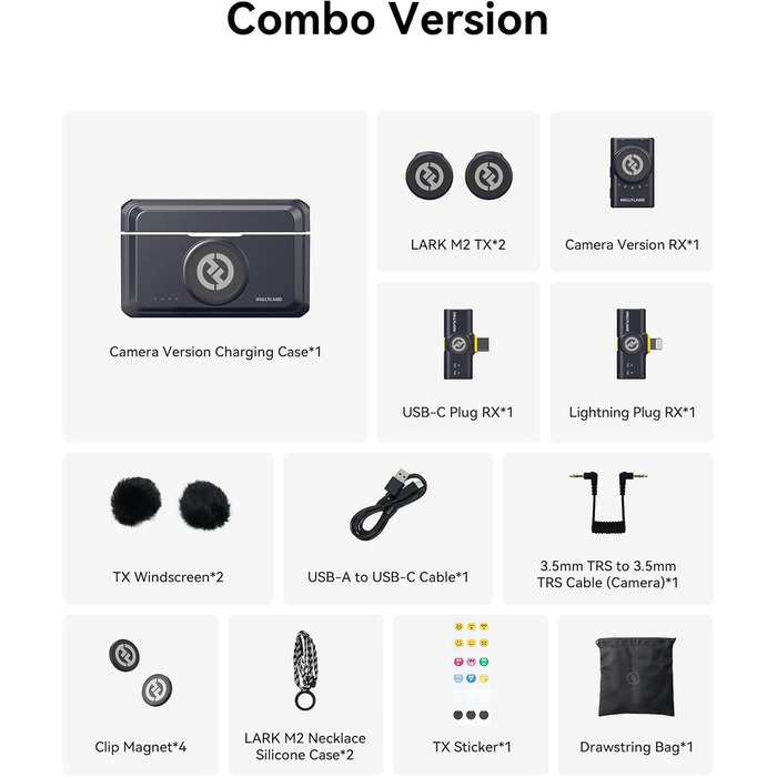 Hollyland Lark M2 Бездротовий петличний мікрофон для iPhone 15/16/17 та Android, 300м радіус дії, Hi-Fi звук, шумозаглушення, 30 годин роботи, міні-мікрофон для відео (2TX + USB-C RX + зарядний кейс) (Комбо (2TX+3RX), Чорний)