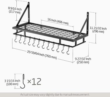 Kitchen Utensil Holder, Pan Holder, Kitchen Shelf, Kitchen with 12 Hooks, Hanging Shelf, Spice, Pan Shelf, Wall Shelf, Kitchen Rail, 75CM Wall Mount, Matte Black, KUR215S75A-BK