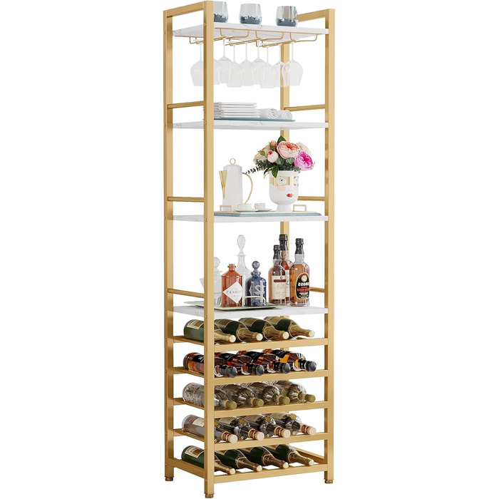 Tribesigns 20 Bottle Wine Baker's Rack, Freestanding Floor Wine Rack, 9 Tiers, Industrial Freestanding Wine Rack Wine Bar with Glass Holder Bottle Rack for Bar, Kitchen, Dining Room, (Gold, 2 PC)