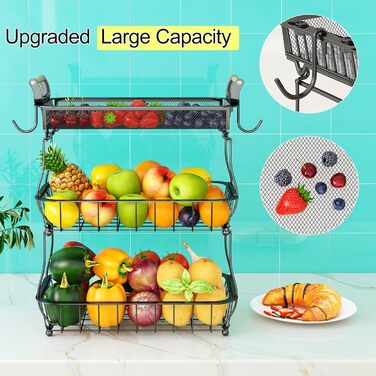 3-Tier Fruit Basket with 2 Banana Hangers for Kitchen Countertop, Vegetable Counter, Storage Holder, Large Capacity, Metal Wire, Fruit Stand, Organizer for Onion, Snack, Black