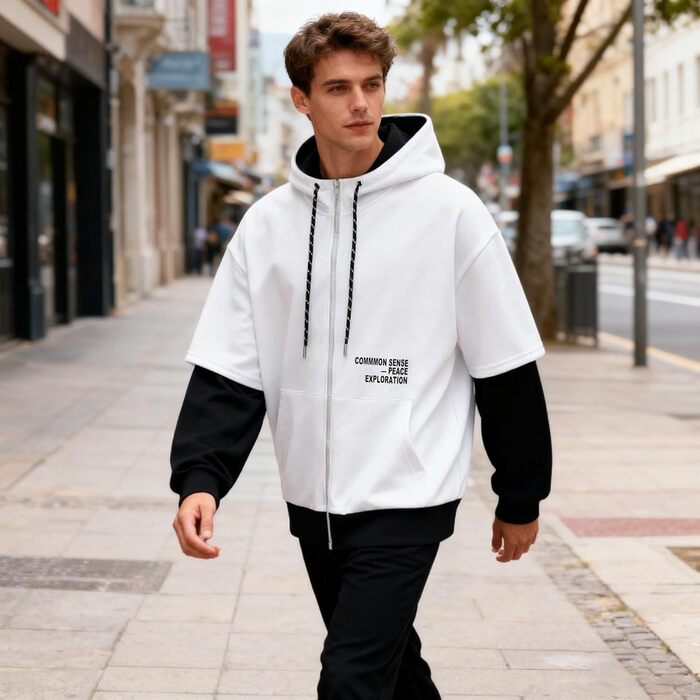 Чоловіча толстовка з капюшоном RUIZEHONG з блискавкою, блоковий колір, з кишенями, повсякденна, біло-чорна, розмір XL