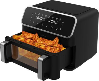 Cecotec Digital Hot Air Fryer 9L with Window - Air Fryer Cecofry Panoramic 9000. 2700W, movable divider, dual temperature, temperature from 80-200 ºC, 8 modes, multifunctional touch panel Black | Window 1 Basket 9 Liters + Divider | 12 Modes