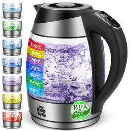 Електричний чайник FOR ME Glas з ситом, 1,8L, регулювання температури 40-100°C, 7 кольорів LED-підсвічування, функція підтримання тепла, без BPA