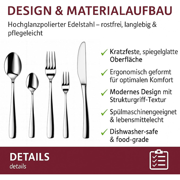 Набір столових приборів 60 предметів для 12 осіб з нержавіючої сталі – елегантний набір, полірований до блиску, безпечний для посудомийної машини, стійкий до корозії. Модель 4