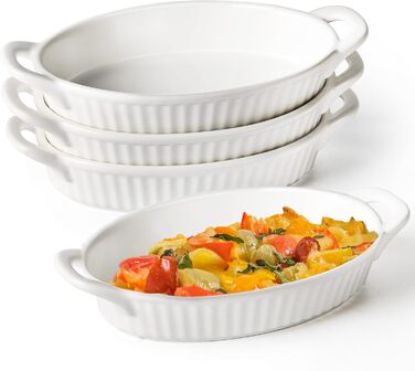 Frewinky Au Gratin Casserole Dish Set, Ceramic, with Handles, Heat-Resistant, Mini Casserole Dishes for Oven, Oval Porcelain Baking Dishes for Gratin, Casseroles and Roasting, 4-Piece Set, White 4 PCS White (Soft White)