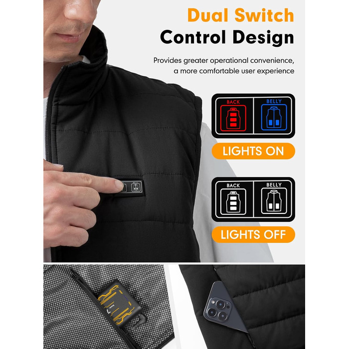 Обогріваючий жилет з підігрівом для жінок та чоловіків, жилетка з акумулятором 7.4V/5.0V, 3 режими температури, 6 зон нагріву, зимовий жилет-куртка, чорний, 25000mAh