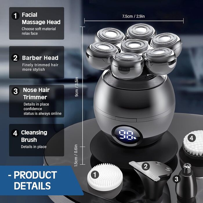 Електричний бритва для голови та бороди Glatzen 5-в-1 з 7 плаваючими головками, IPX6 водонепроникний, тример для носа та вух, LED-дисплей