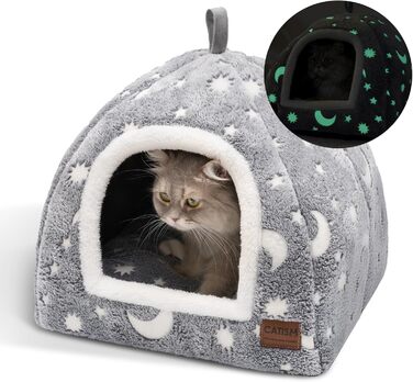 CATISM Cat Cave Cat Bed Glowing Cat House Cozy Cave Foldable Washable Comfortable Cat Sleeping Place for Cats Kittens Puppies with Removable Cat Head Pillow 40x40x38cm