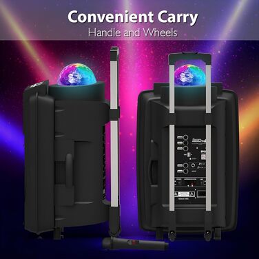 Pyle Partybox: Портативна Bluetooth-колонка з мікрофоном, 700W, LED, USB, SD, FM, BT, AUX, з ручкою та колесами