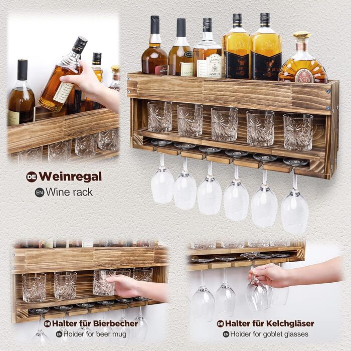 Стійка для вина Yorbay з підігрітим деревом, настінна з тримачем для корку, для келихів для вина та віскі, утримувач для пляшок, домашній бар, вінтаж, подарунок (без LED)