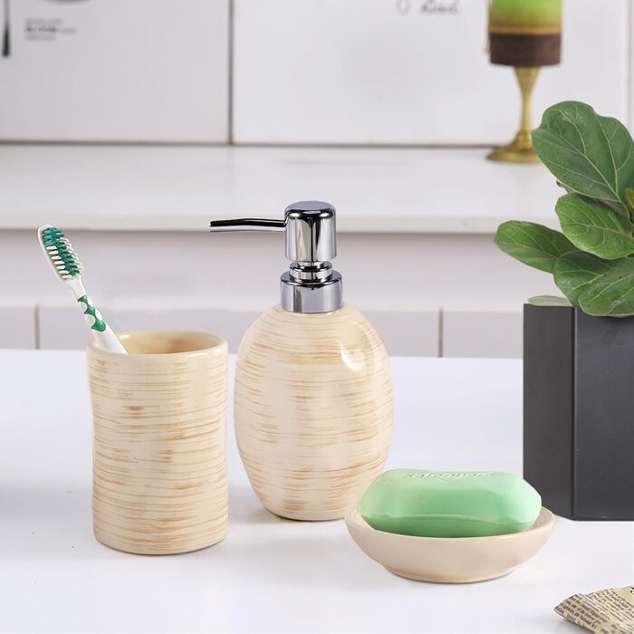 Набір для ванної кімнати на 3 предмети: органайзер з кераміки (тримач для зубних щіток, дозатор мила, мильниця), стильна декор у стилі бохо, мармурова текстура, бежевий колір