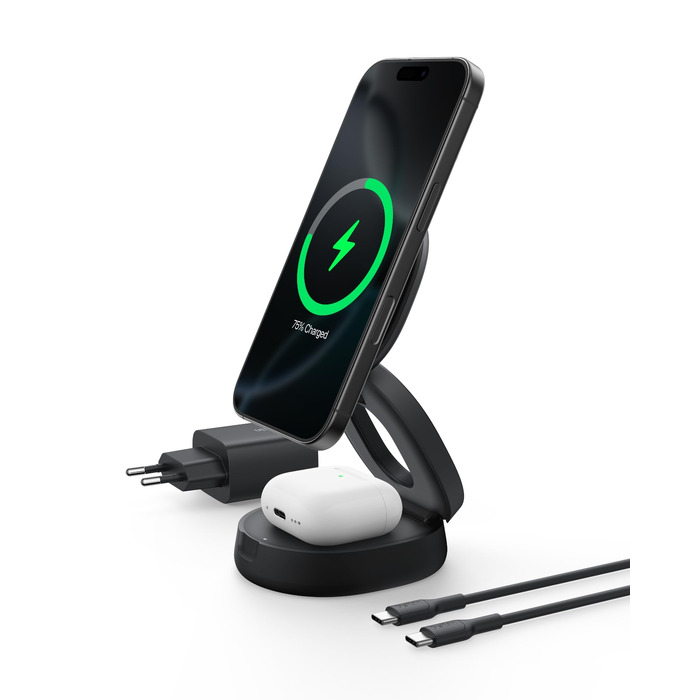 Бездротова зарядна станція 2-в-1 Belkin BoostCharge Qi2 15W MagSafe для iPhone 17, AirPods, Pixel, з блоком живлення 30W, чорна