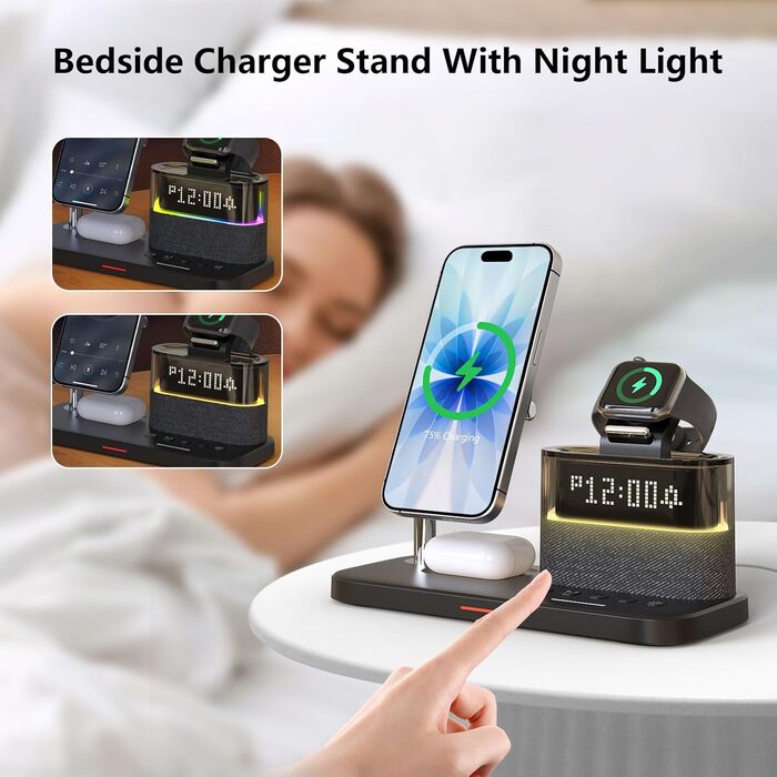 5-в-1 Бездротова зарядна станція з годинником та нічником для iPhone 17/16/15/14/13/12 Pro Max, Apple Watch, AirPods - 33W адаптер, білий